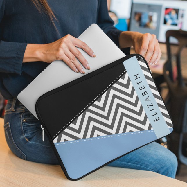 Grey Zigzag, Grey Chevron, Blue, Your Name Laptop Sleeve (Creator Uploaded)
