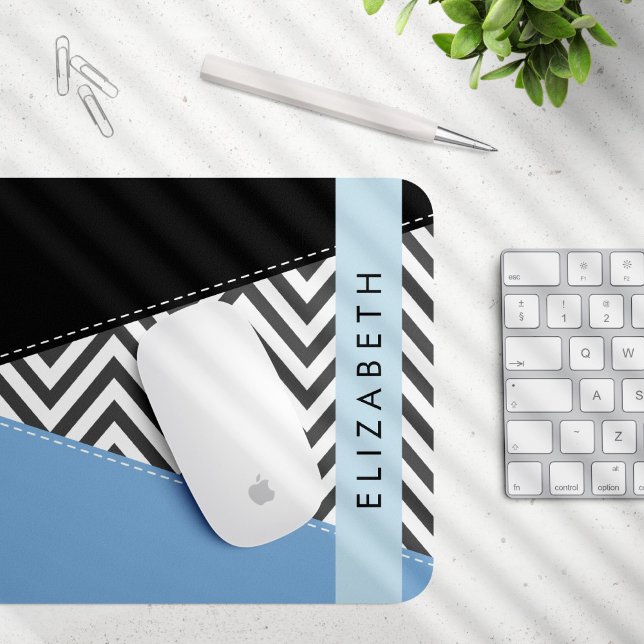 Grey Zigzag, Grey Chevron, Blue, Your Name Mouse Pad (Creator Uploaded)