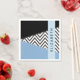Grey Zigzag, Grey Chevron, Blue, Your Name Napkin