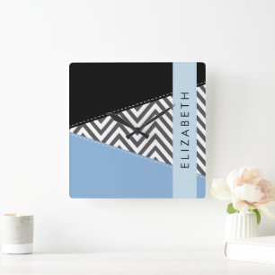 Grey Zigzag, Grey Chevron, Blue, Your Name Square Wall Clock