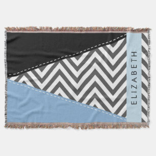 Grey Zigzag, Grey Chevron, Blue, Your Name Throw Blanket