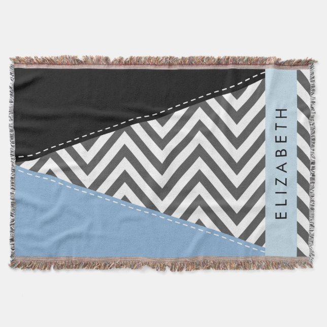Grey Zigzag, Grey Chevron, Blue, Your Name Throw Blanket (Front)