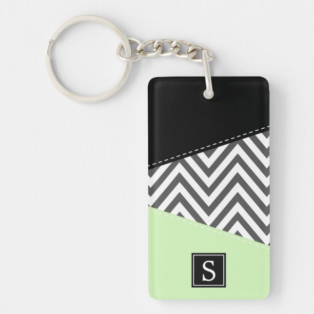 Grey Zigzag, Grey Chevron, Mint, Monogram Key Ring (Front)