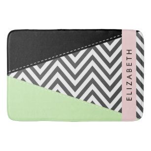 Grey Zigzag, Grey Chevron, Mint, Your Name Bath Mat