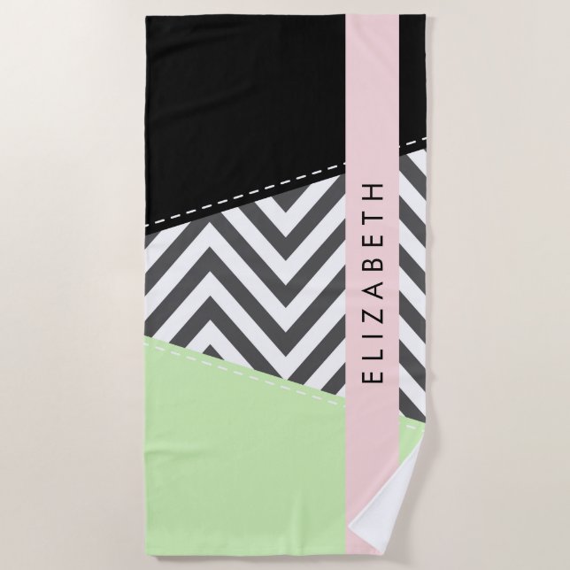 Grey Zigzag, Grey Chevron, Mint, Your Name Beach Towel (Front)