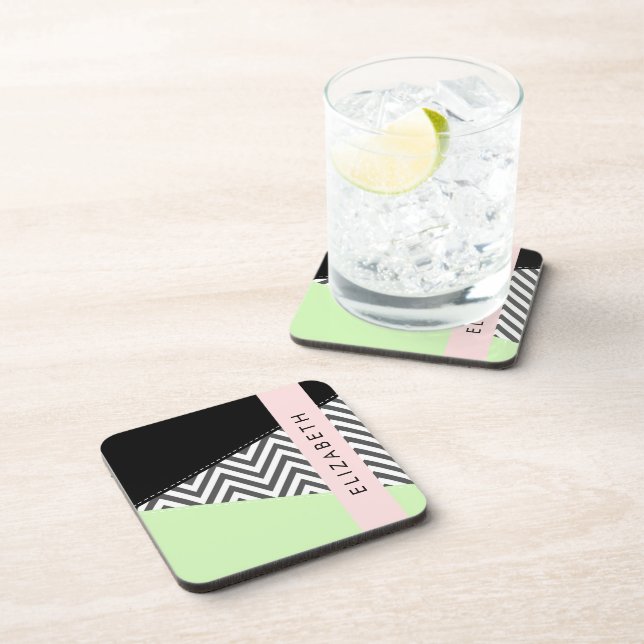 Grey Zigzag, Grey Chevron, Mint, Your Name Coaster (Right Side)