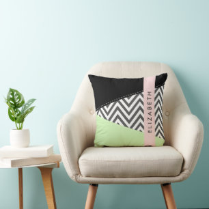 Grey Zigzag, Grey Chevron, Mint, Your Name Cushion