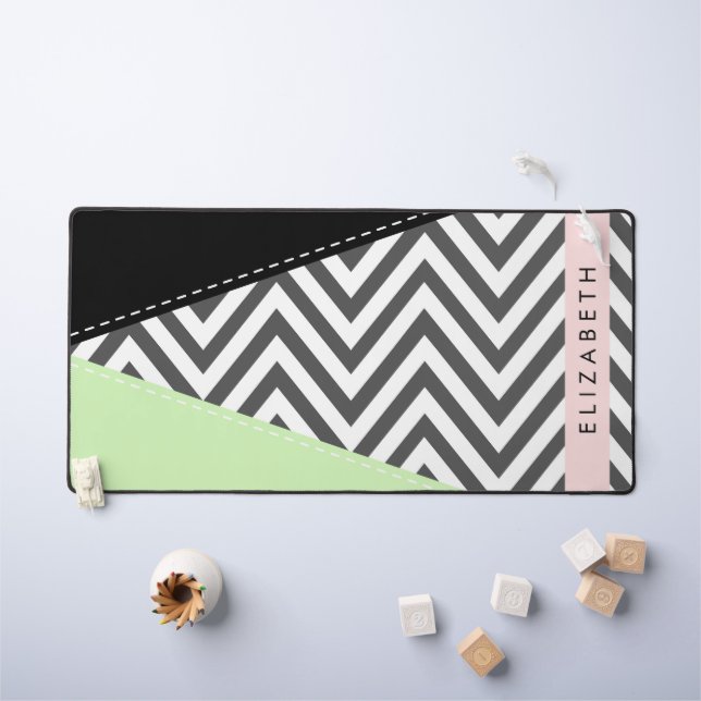 Grey Zigzag, Grey Chevron, Mint, Your Name Desk Mat (Kids Table)