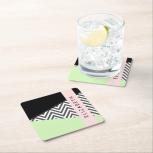 Grey Zigzag, Grey Chevron, Mint, Your Name Square Paper Coaster