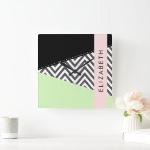 Grey Zigzag, Grey Chevron, Mint, Your Name Square Wall Clock