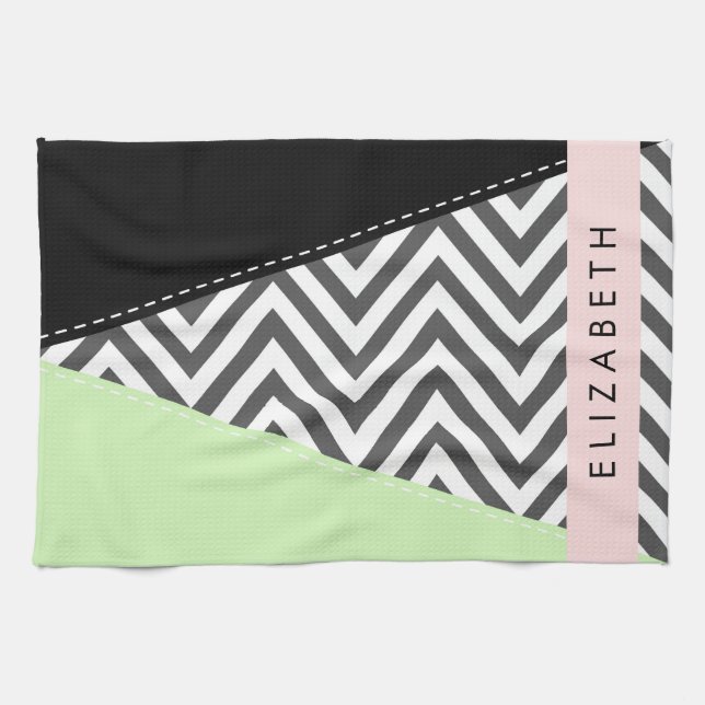 Grey Zigzag, Grey Chevron, Mint, Your Name Tea Towel (Horizontal)