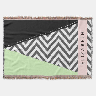 Grey Zigzag, Grey Chevron, Mint, Your Name Throw Blanket