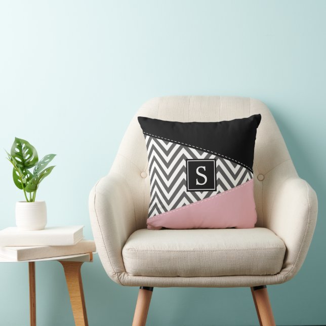 Grey Zigzag, Grey Chevron, Pink, Monogram Cushion (Chair)