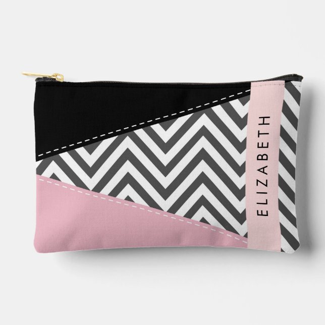 Grey Zigzag, Grey Chevron, Pink, Your Name Accessory Pouch (Front)