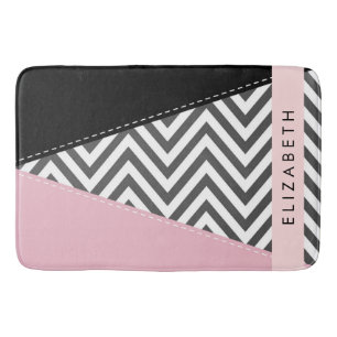 Grey Zigzag, Grey Chevron, Pink, Your Name Bath Mat