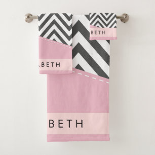 Grey Zigzag, Grey Chevron, Pink, Your Name Bath Towel Set