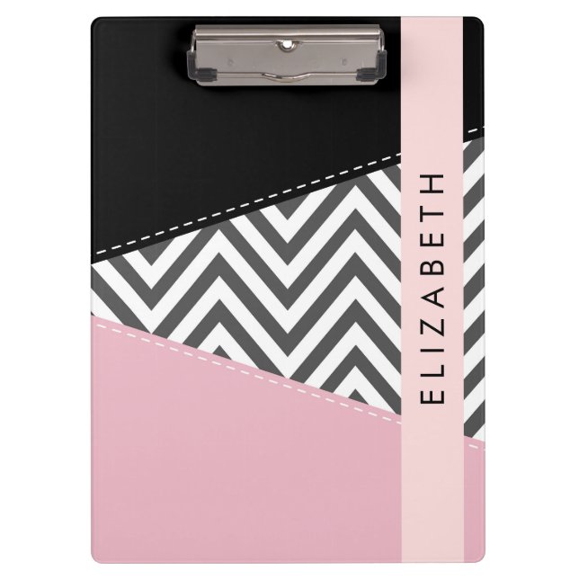 Grey Zigzag, Grey Chevron, Pink, Your Name Clipboard (Front)