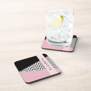 Grey Zigzag, Grey Chevron, Pink, Your Name Coaster