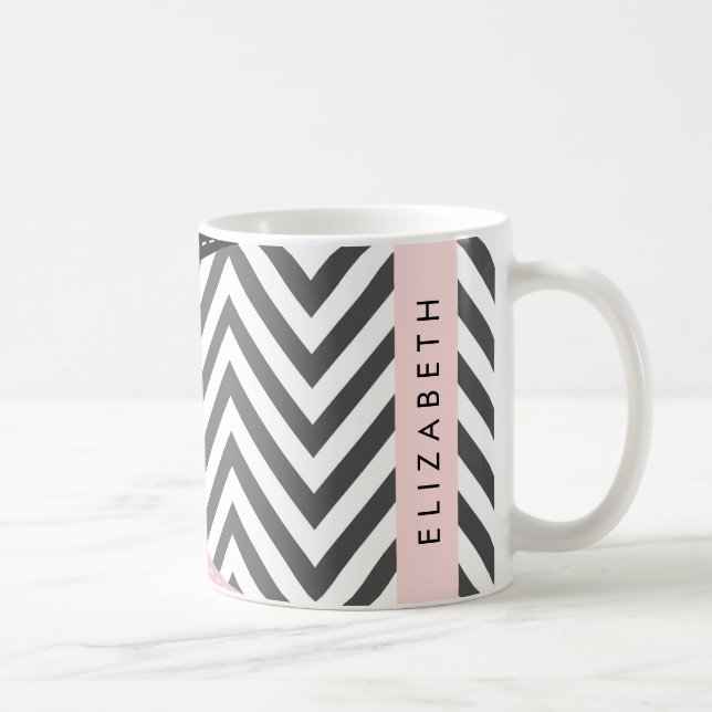 Grey Zigzag, Grey Chevron, Pink, Your Name Coffee Mug (Right)