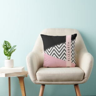 Grey Zigzag, Grey Chevron, Pink, Your Name Cushion