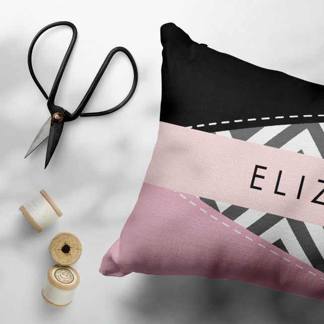 Grey Zigzag, Grey Chevron, Pink, Your Name Decorative Cushion (Creator Uploaded)