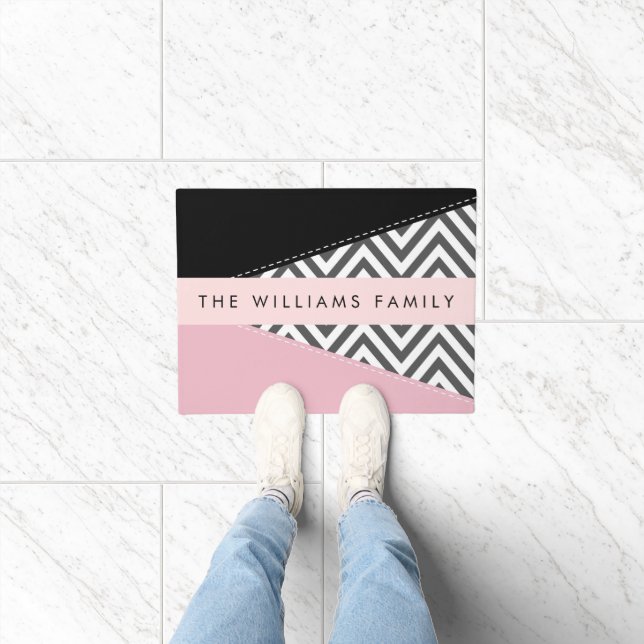 Grey Zigzag, Grey Chevron, Pink, Your Name Doormat (Indoor)