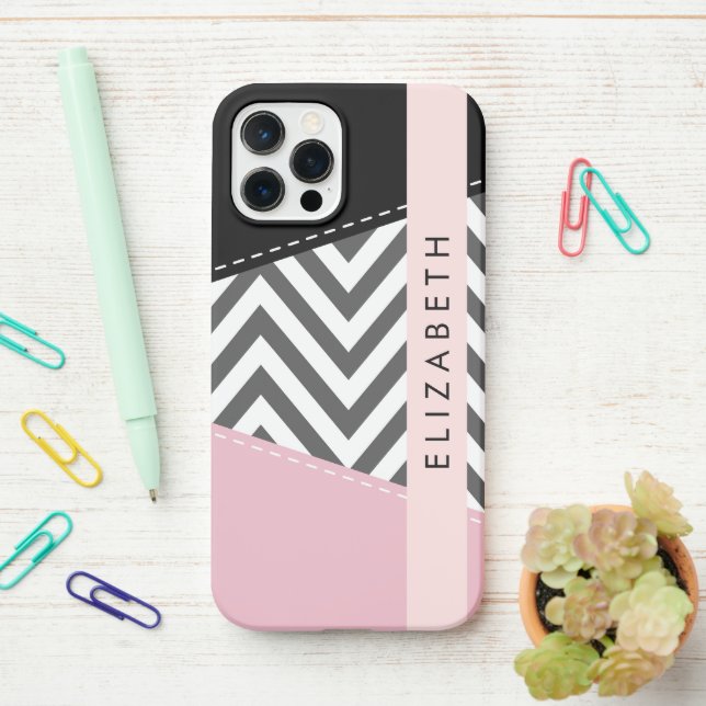 Grey Zigzag, Grey Chevron, Pink, Your Name iPhone Case (On Desk)