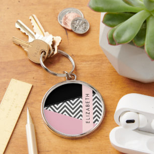 Grey Zigzag, Grey Chevron, Pink, Your Name Key Ring