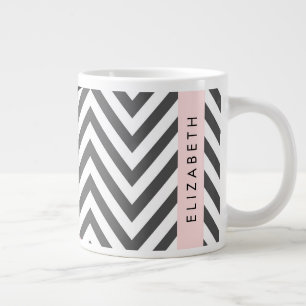 Grey Zigzag, Grey Chevron, Pink, Your Name Large Coffee Mug