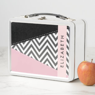Grey Zigzag, Grey Chevron, Pink, Your Name Metal Lunch Box