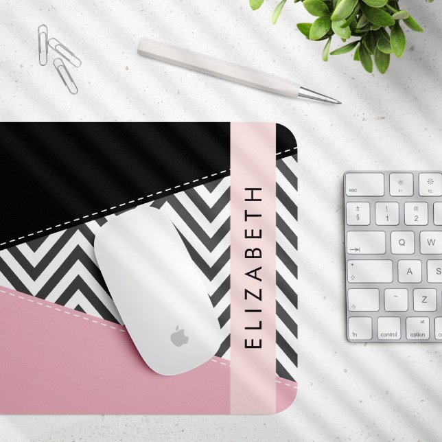 Grey Zigzag, Grey Chevron, Pink, Your Name Mouse Pad (Creator Uploaded)