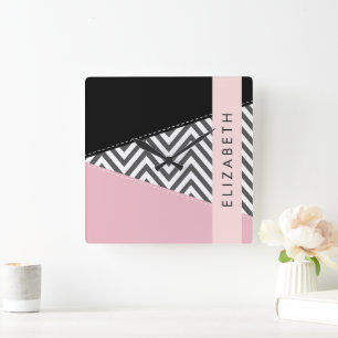 Grey Zigzag, Grey Chevron, Pink, Your Name Square Wall Clock