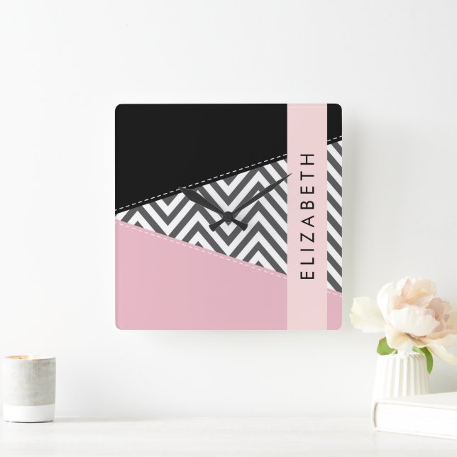 Grey Zigzag, Grey Chevron, Pink, Your Name Square Wall Clock (Home)
