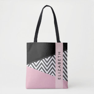 Grey Zigzag, Grey Chevron, Pink, Your Name Tote Bag