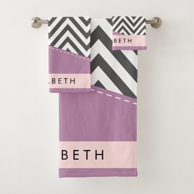 Grey Zigzag, Grey Chevron, Purple, Your Name Bath Towel Set (Insitu)