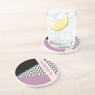 Grey Zigzag, Grey Chevron, Purple, Your Name Coaster