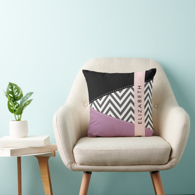 Grey Zigzag, Grey Chevron, Purple, Your Name Cushion (Chair)