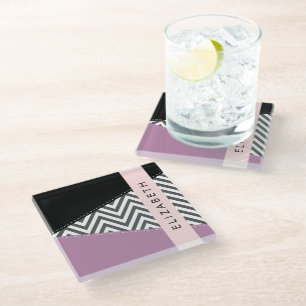 Grey Zigzag, Grey Chevron, Purple, Your Name Glass Coaster