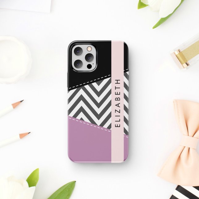 Grey Zigzag, Grey Chevron, Purple, Your Name iPhone 16 Case (Creator Uploaded)