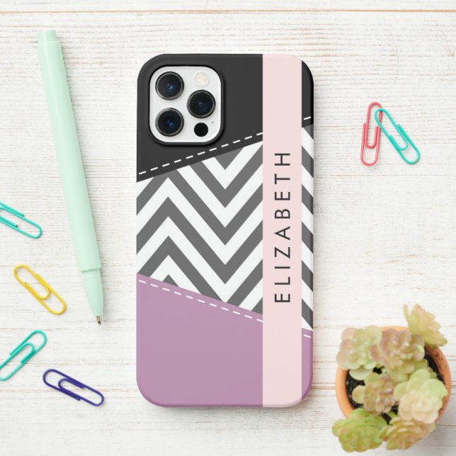 Grey Zigzag, Grey Chevron, Purple, Your Name iPhone Case (On Desk)