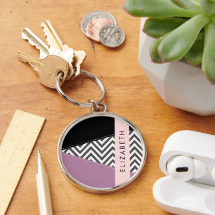 Grey Zigzag, Grey Chevron, Purple, Your Name Key Ring