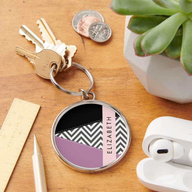 Grey Zigzag, Grey Chevron, Purple, Your Name Key Ring (Desk)