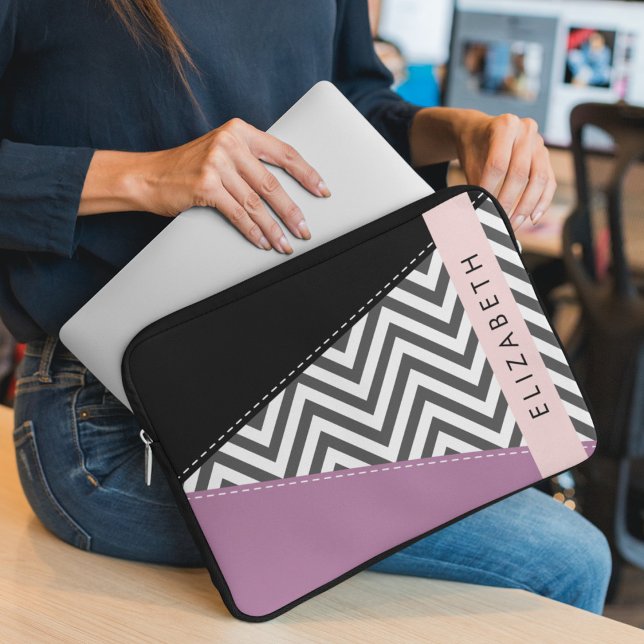 Grey Zigzag, Grey Chevron, Purple, Your Name Laptop Sleeve (Creator Uploaded)