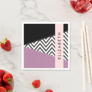 Grey Zigzag, Grey Chevron, Purple, Your Name Napkin
