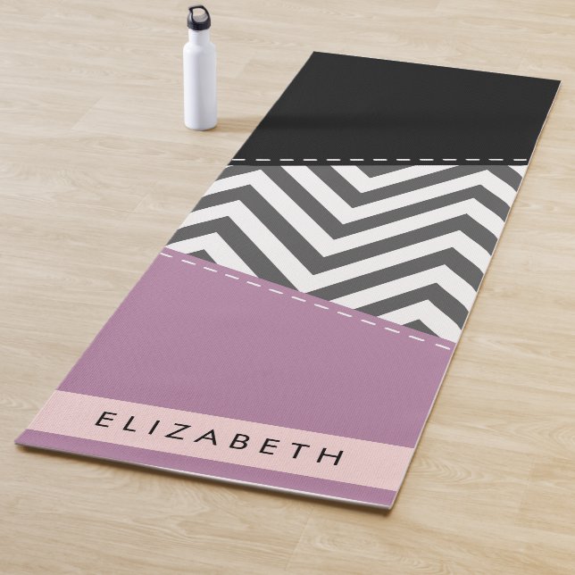 Grey Zigzag, Grey Chevron, Purple, Your Name Yoga Mat (In Situ)