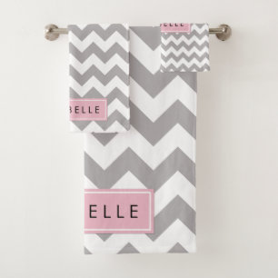 Grey Zigzag, Grey Chevron, Wave Pattern, Your Name Bath Towel Set