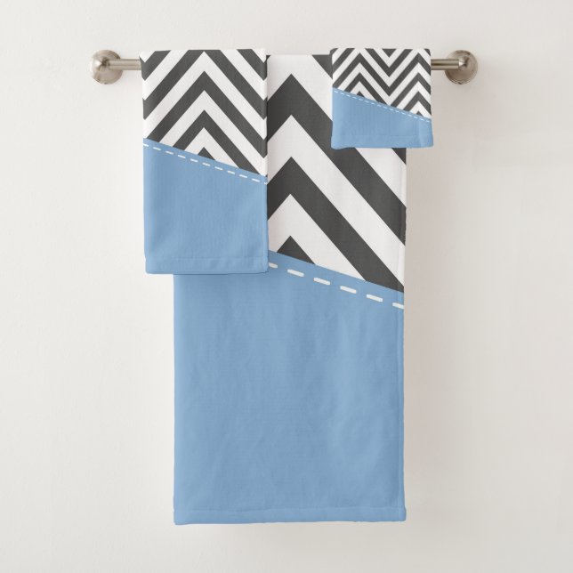 Grey Zigzag, Grey Chevron, Zigzag Pattern, Blue Bath Towel Set (Insitu)