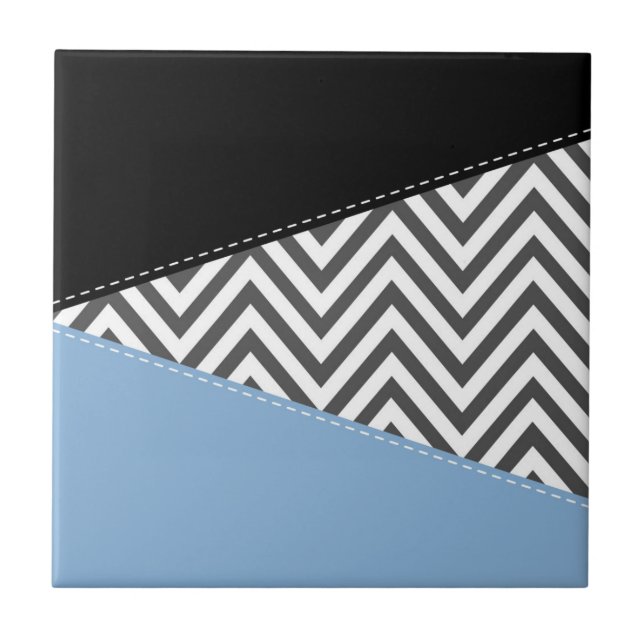 Grey Zigzag, Grey Chevron, Zigzag Pattern, Blue Ceramic Tile (Front)