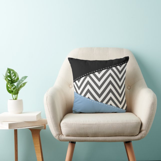 Grey Zigzag, Grey Chevron, Zigzag Pattern, Blue Cushion (Chair)