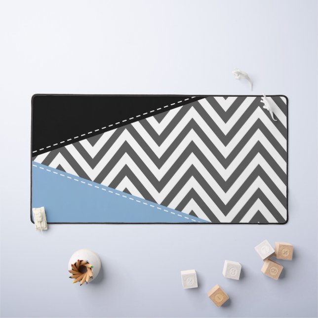 Grey Zigzag, Grey Chevron, Zigzag Pattern, Blue Desk Mat (Kids Table)